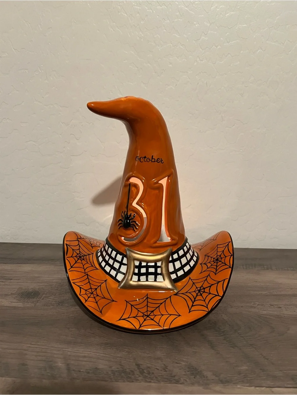 Blue Sky October 31 Orange Spider Web Witch Hat Ceramic Halloween Candle Holder